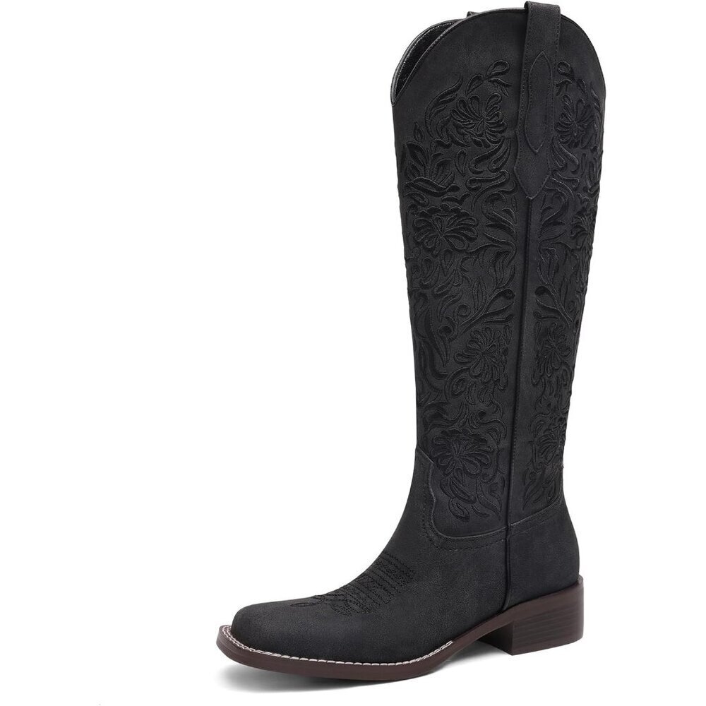 Women's Black Embroidered Knee High Low Block Heel Cowgirl Riding Boots